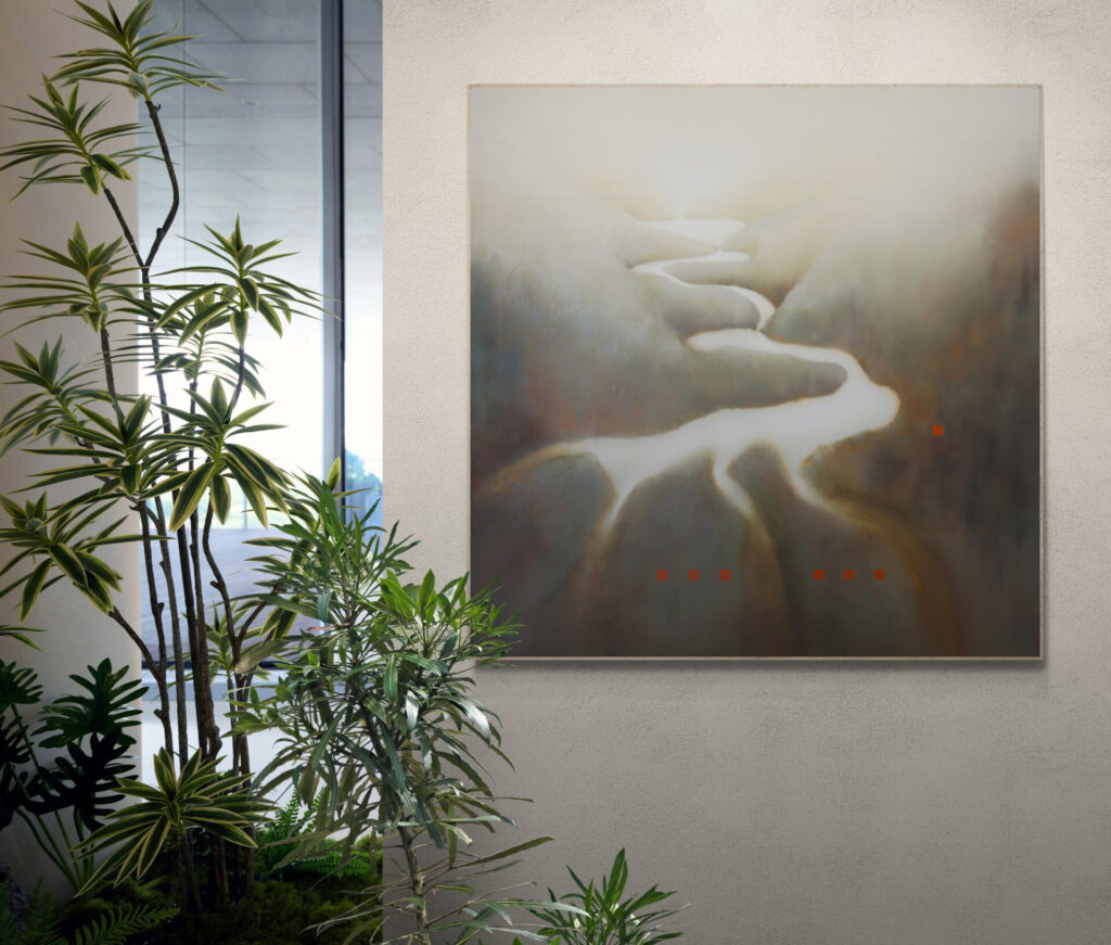 Settlement Series: Remote Settlement II, framed painting, 1000mm x 1000mm, atmospheric soft khaki abstract landscape, available at ArtSelect Gallery Newmarket Auckland or via the artist Bee Doughty Pratt."