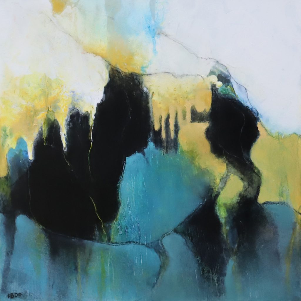 Original abstract landscape painting in soft yellows, black and turquoise called 'Milford Sound On A Good Day' by Bee Doughty Pratt an established NZ artist who sells her large and smaller paintings and outsize commissions risk-free via her website.