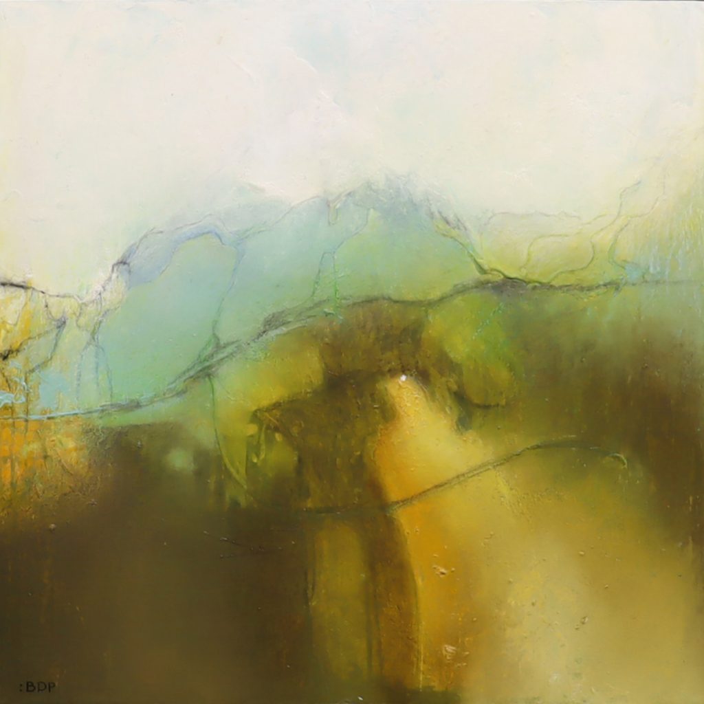 Original abstract landscape painting in soft yellows, browns and blue called 'Terrain Again' by Bee Doughty Pratt an established NZ artist who sells her large and smaller paintings and outsize commissions risk-free via her website.